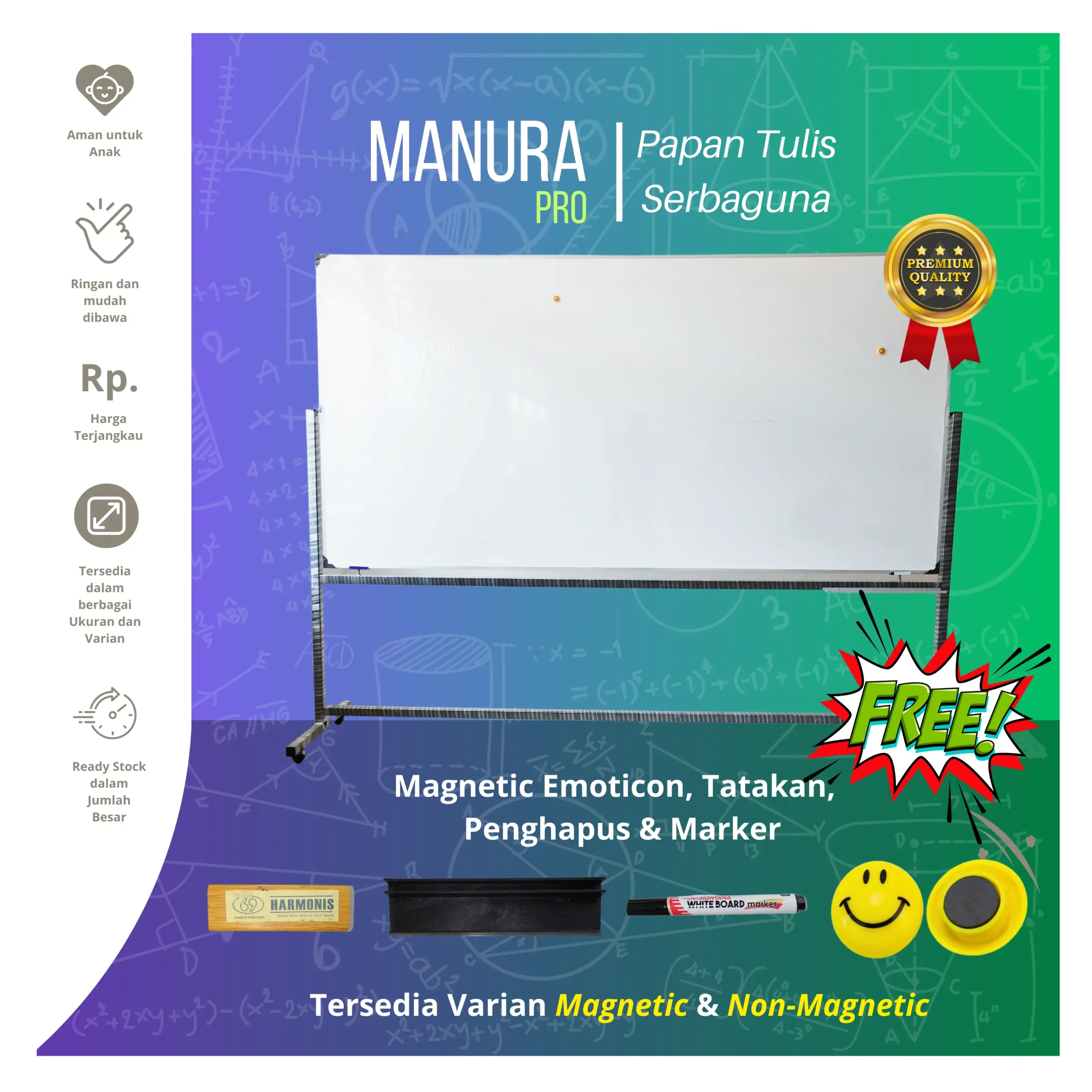 Papan tulis besar PROWB untuk kelas sekolah ukuran 120x240 cm