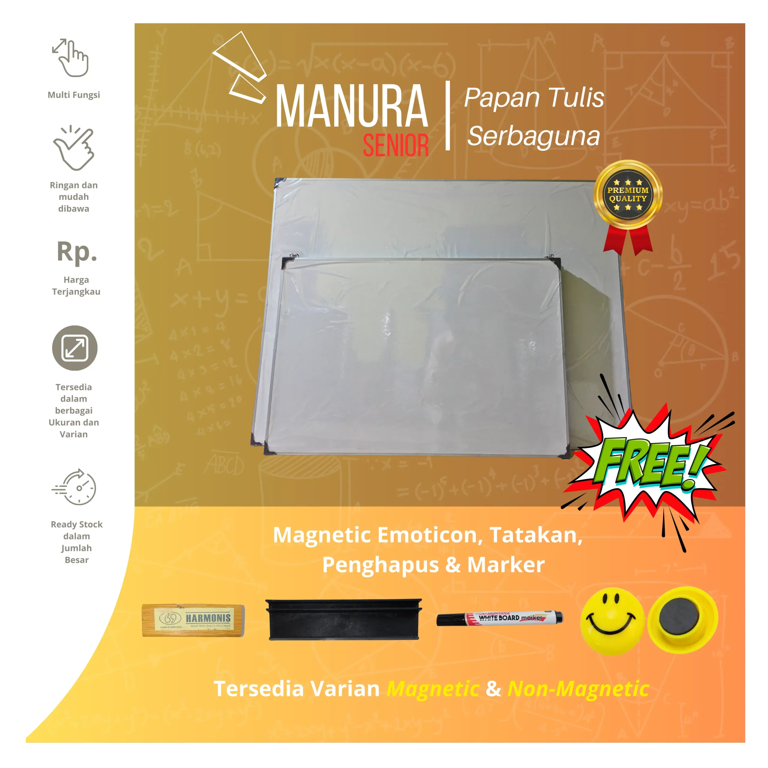 Papan tulis sedang PROWB untuk kantor ukuran 80x120 cm